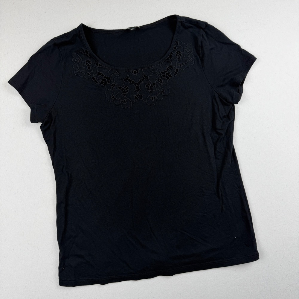Talbots Womens Black Floral Eyelet Embroidered Scoop Neck Short Sleeve Tee M